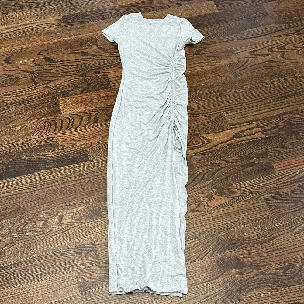 Oh Polly Drawstring Asymmetrical Short Sleeve Maxi in Marled Gray - Picture 5 of 6